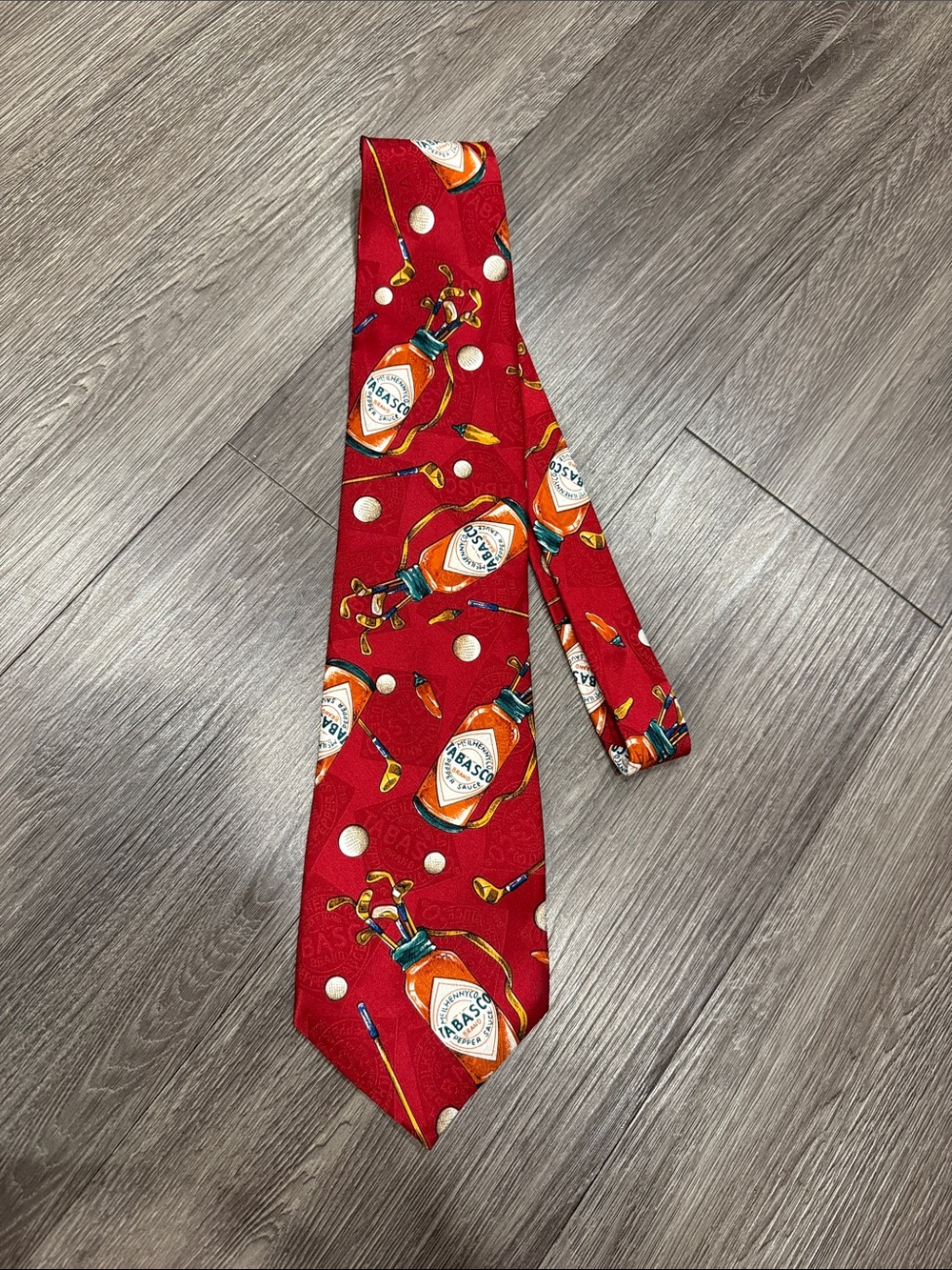 Tabasco Red Tie with Bottle Golf Bag & Ball Novelty Print - 100% Silk
